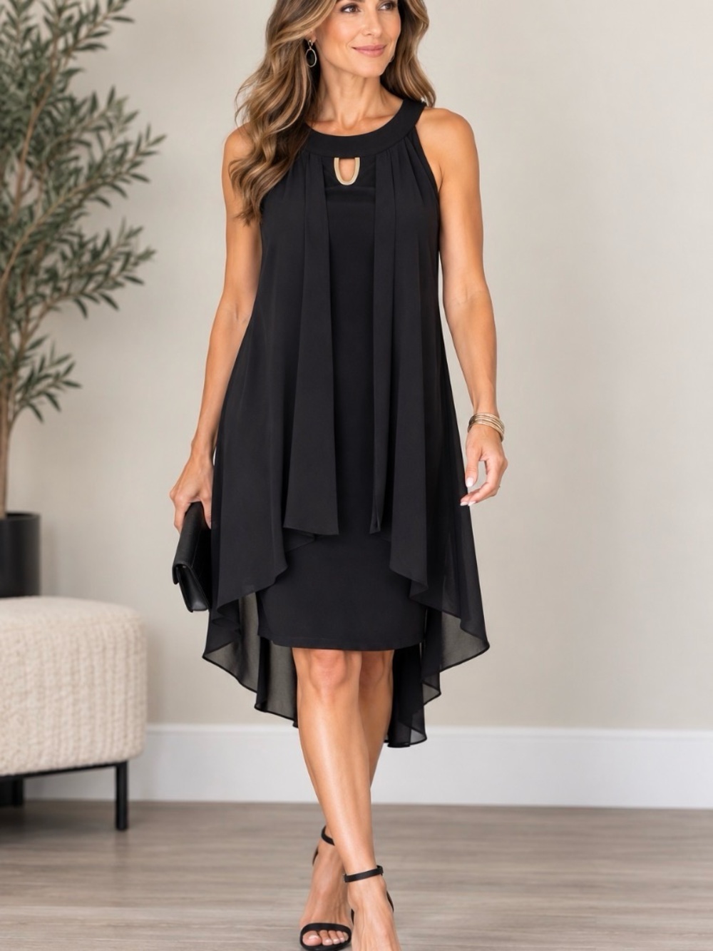 Joseph Ribkoff Black Chiffon Overlay Hi-Low Cocktail Dress Gold Detail